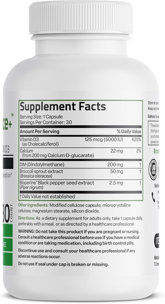Bronson DIM Balance+ Calcium D-Glucarate, Broccoli Sprouts and Vitamin D3 200 MG of DIM per Capsule Supports Estrogen Metabolism and Balanced Hormone Levels Non-GMO, 30 Vegetarian Capsules