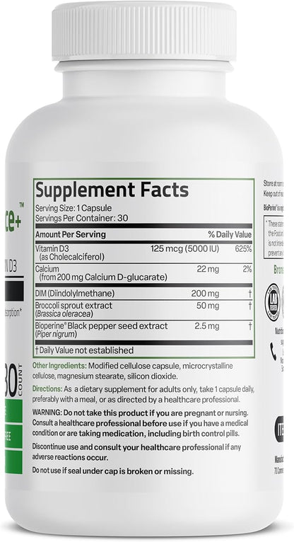 Bronson DIM Balance+ Calcium D-Glucarate, Broccoli Sprouts and Vitamin D3 200 MG of DIM per Capsule Supports Estrogen Metabolism and Balanced Hormone Levels Non-GMO, 30 Vegetarian Capsules