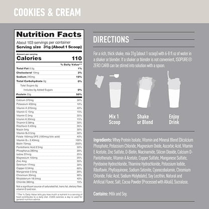 Isopure Zero Carb 100% Pure Whey Isolate Protein Powder, Lactose Free, Gluten Free, With Vitamins, Cookies & Cream, 25g Protein Per Serving, 7.5 Lbs, 110 Servings