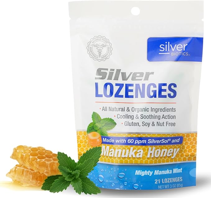 Silver Biotics Colloidal SIlver Lozenges | 60 PPM Ag₄O₄ SilverSol | Immune Support + Throat Soothing Lozenges | Manuka Honey | 21 Count