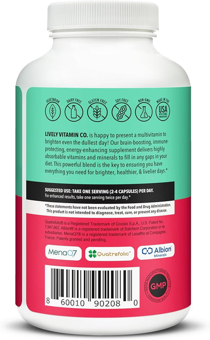 LIVELY VITAMIN CO. Multivitamin - 37 Vitamins Minerals and Extracts - Energy - Memory - Immune Function - Heart- Brain - Focus - Mood - Antioxidants - Dairy Gluten Soy Free - 240 Vegetarian Capsules
