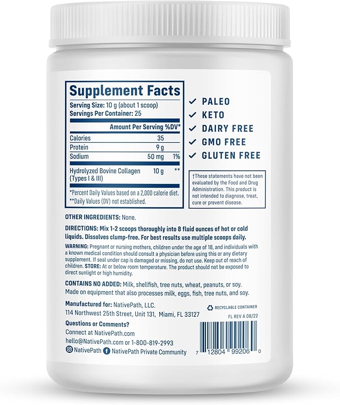 NativePath Collagen Peptides Protein 1 & 3 Collagen 8.8 oz (25 Servings)