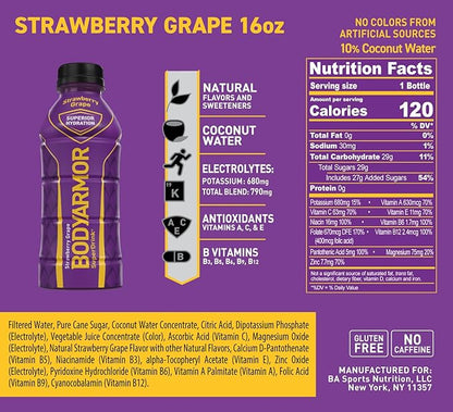 BODYARMOR Sports Drink Sports Beverage, Strawberry Grape, Natural Flavors With Vitamins, Potassium-Packed Electrolytes, No Preservatives, Perfect For Athletes, 16 Fl Oz (Pack of 12)