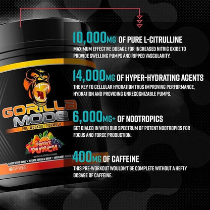 Gorilla Mode Pre Workout - Massive Pumps · Laser Focus · Energy · Power - L-Citrulline, Creatine, L-Tyrosine, Betaine, Hydroprime®, Alpha-GPC, 400mg Caffeine, Huperzine A – 786g (Cotton Candy Grape)