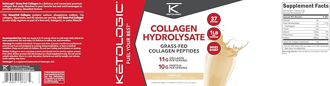 Ketologic Grass Fed Collagen Hydrolysate Powder (1 LB) 37 Servings, 11 G 10 G