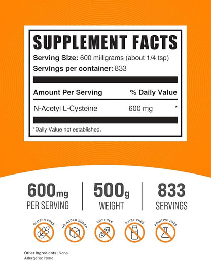 BulkSupplements.com NAC Powder 600mg, NAC 600mg per 833 Servings, 500g 1.1 1.1 lbs 1)