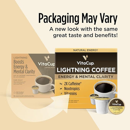 VitaCup Lightning Coffee Pods, for Focus w/ 2X Caffeine, Green Coffee Bean, B Vitamins, D3, Strong Dark Roast Coffee, Single Serve Pod Compatible with Keurig K-Cup Brewers, 64 Ct (4 packs of 16 ct)