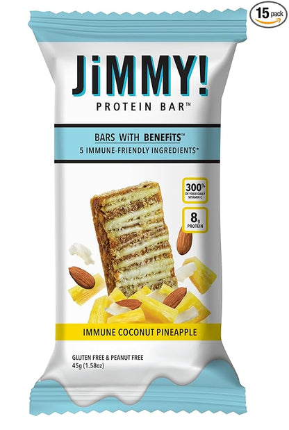 JiMMY'S! Functional Immune Protein Bar - Coconut Pineapple - 15 count - Immune Support with 300% Daily Vitamin C - Immune System Fortifying Ingredients: Vitamin C, Turmeric, Orange, Acerola Cherry and Almonds