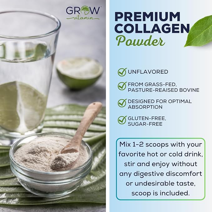 grow vitamin Collagen Peptides Powder, Grass 20 OZ, 56 Servings
