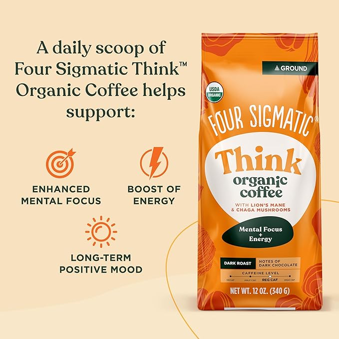 Four Sigmatic Focus Mushroom Coffee | Organic Ground Coffee with Lion's Mane Mushroom and Chaga for Better Focus and Immune Support | 12oz Bag