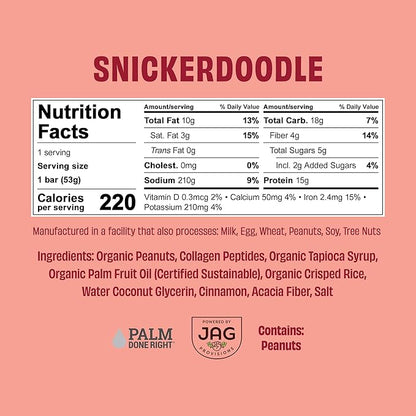 JustNosh Collagen Protein Bars, 10g Collagen, 15g Protein, Gluten Free, Dairy Free, FODMAP Friendly, Seed Oil Free Certified, Clean Ingredients | Snickerdoodle (12 Pack)
