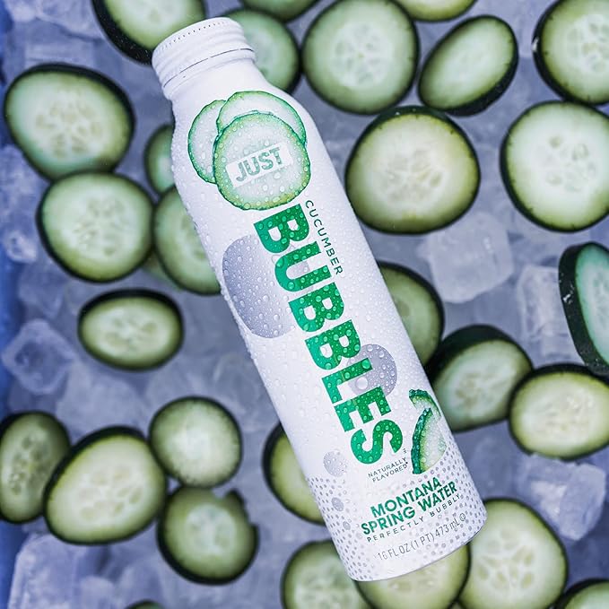 JUST Bubbles Cucumber - Pure Premium Sparkling Spring Water in a Fully Recyclable Reusable Eco-Friendly Bottle - 100% Mountain-Sourced Carbonated Water with Naturally Occurring Minerals, 16 Fl Oz (Pack of 12)