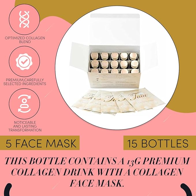 TAUT Liquid Collagen Drink & Face Mask 13,000mg Collagen 5 Masks 15 Bottles (30 Day