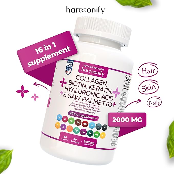 Collagen Biotin Keratin Saw Palmetto Hyaluronic 16 in 1 Capsules, 1000 mg