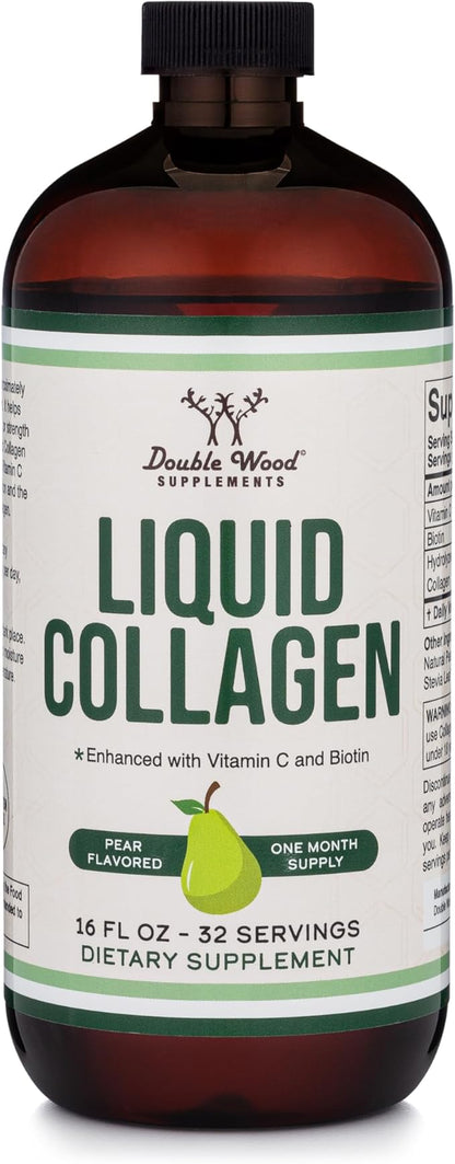 Double Wood Supplements Liquid Collagen - 2500mg of Hydrolyzed Bovine Collagen - 32 Servings - for Women and Men - 30 mcg of Biotin - Sugar Free Pear Flavor