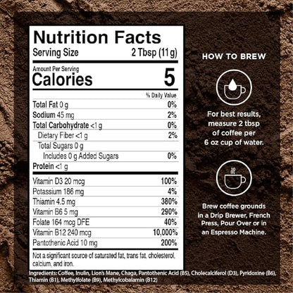 VitaCup Focus Mushroom Coffee Grounds, with Lions Mane, Chaga, B Vitamins, D3, Boost Focus, Immunity, Memory & Clarity, Medium Dark Roast, Bold & Smooth 100% Arabica Specialty, 3 bags, 10oz each