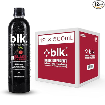 blk. Natural Mineral Alkaline Water Electrolyte Infused with Fulvic and Amino Acids, Zero Sugar, Black Cherry Flavored, 500 mL, Pack of 12