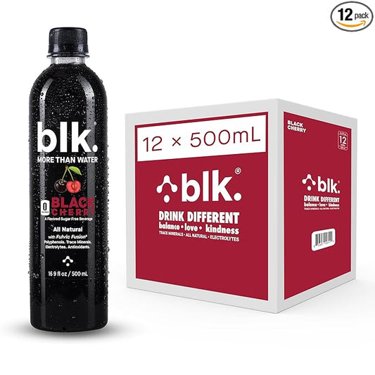 blk. Natural Mineral Alkaline Water Electrolyte Infused with Fulvic and Amino Acids, Zero Sugar, Black Cherry Flavored, 500 mL, Pack of 12