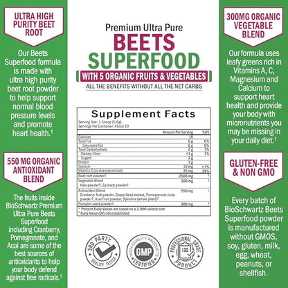 Beet Root Powder - Beets Superfood Supplement with Vitamin C Plus Organic Antioxidant Rich Red Fruits and Vegetables - Boosts Stamina and Natural Energy Levels - 30 Servings - Packaging May Vary