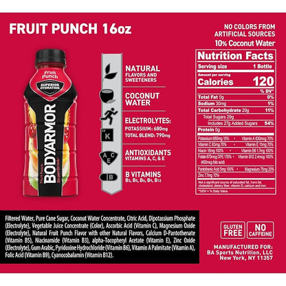 BODYARMOR Sports Drink Sports Beverage, Fruit Punch, Coconut Water Hydration, Natural Flavors With Vitamins, Potassium-Packed Electrolytes, Perfect For Athletes, 16 Fl Oz (Pack of 12)