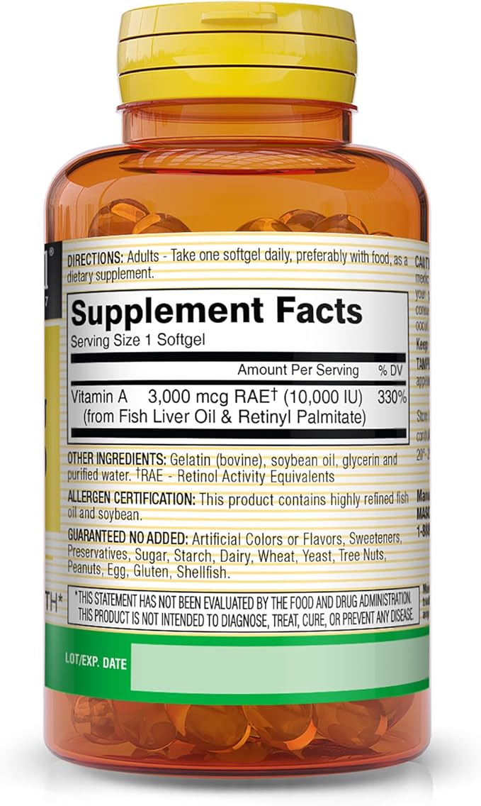 MASON NATURAL Vitamin A 3,000 mcg (10000 IU) 100 Softgels