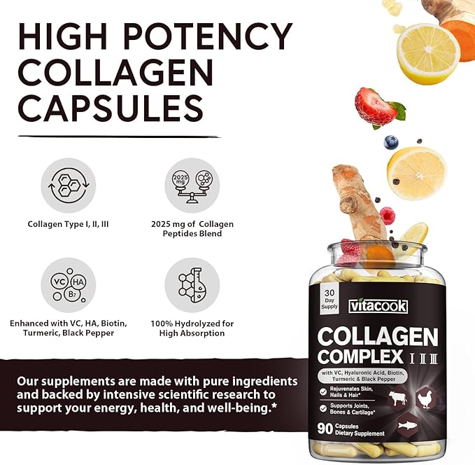 Collagen Peptides Complex, Type I, II, 2025 MG, 90 Caps