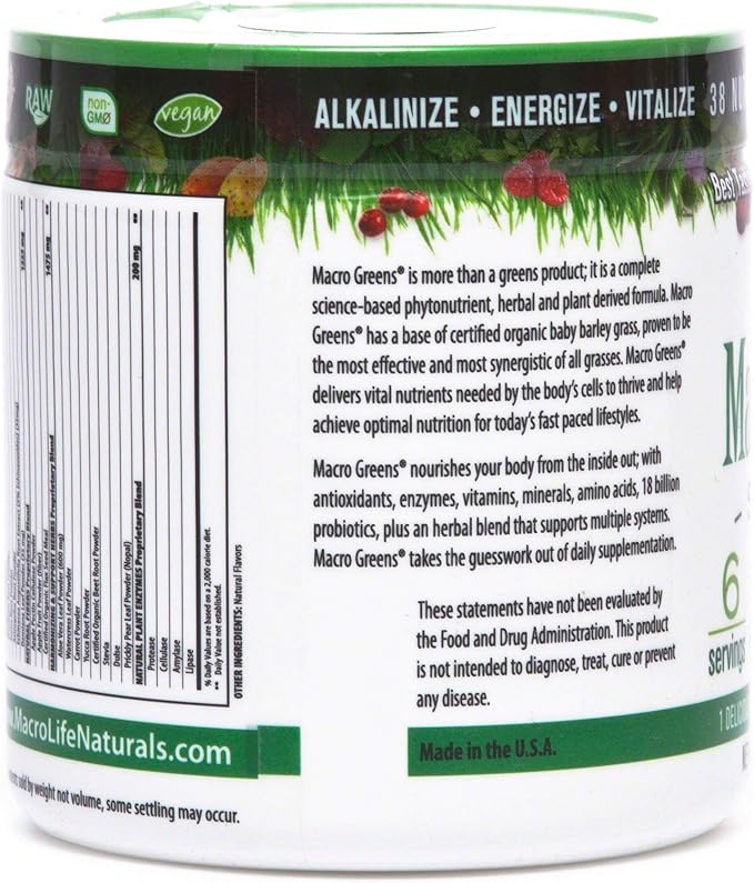 MacroLife Naturals Macro Greens Powder 38 Superfood Probiotic Antioxidant Enzyme & Herbal Supplement Immunity Energy Cleanse - Non-GMO Vegan Gluten-Free Dairy-Free - 2 oz (6 Servings)