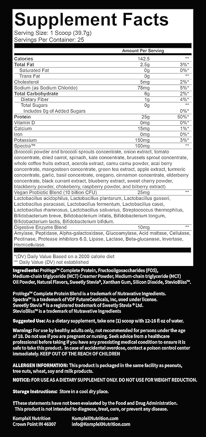 KompleX Nutrition Plant Based Protein Powder (25 Servings) 29 Natural