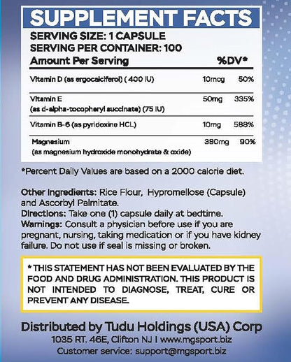 Magnesium Supplement Complex MGSPORT - High Absorption Supplement with Vitamins B6, D, E - Relieves Leg Cramps & Muscle Support - 100 Servings
