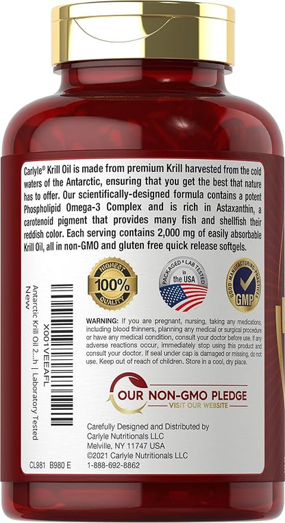 Carlyle Antarctic Krill Oil 2000 mg 120 Softgels | Omega-3 EPA, DHA, with Astaxanthin Supplement Sourced from Red Krill | Maximum Strength | Laboratory Tested