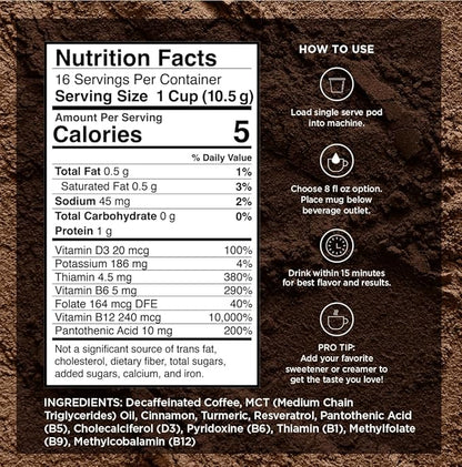 Decaf Genius Keto Coffee Pods with MCT Oil, Turmeric, and B Vitamins by VitaCup for Focus in Recyclable Single Serve Pod Compatible with K-Cup Brewers Including Keurig 2.0, 16 CT