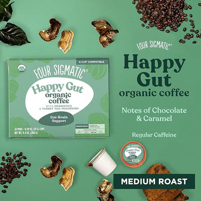 Four Sigmatic Happy Gut Organic Coffee Pods | Medium Roast Probiotic K Cups with Chaga and Turkey Tail | Immune Boosting, Probiotic Mushroom Coffee K Cups for Gut Health and Immune Support | 24 Count
