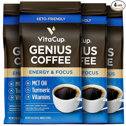 VitaCup Genius Ground Keto Coffee w/Turmeric, MCT Oil, B Vitamins, D3, Ground Coffee Medium Dark Roast, Bold & Smooth, 100% Arabica Coffee Grounds, 4 bags, 11oz each