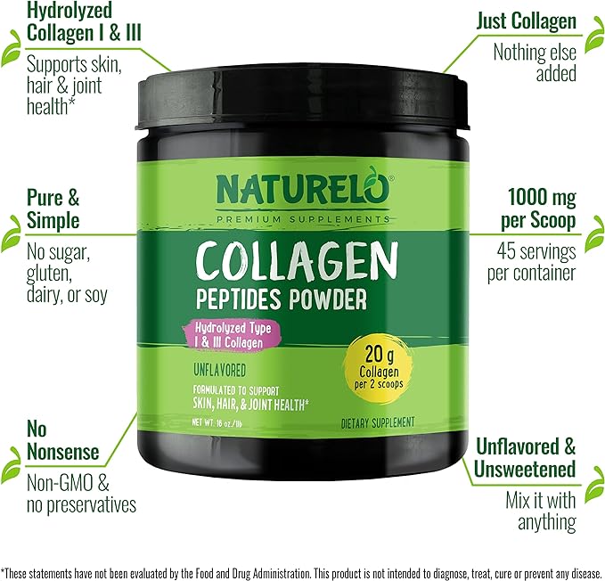 NATURELO Collagen Peptide Powder, Hydrolyzed Collagen 16 Ounces 45 Servings