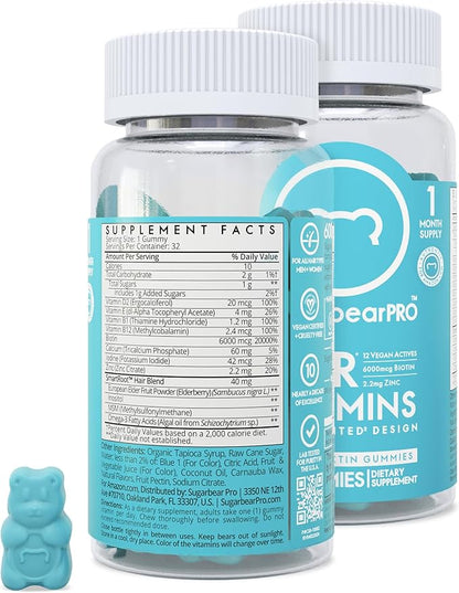 SugarbearPro Hair Vitamin Extra Strength 6000mcg B12, MSM, Omega3, Elderberry, 2 Month