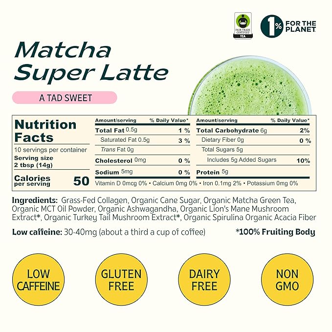 JIBBY Mushroom Matcha Super Latte - Ceremonial Grade Green Tea Organic Matcha Powder, Collagen, MCT Oil, Superfood Mushrooms, Matcha Latte Collagen Powder, Matcha Powder (A Tad Sweet, 10 Servings)