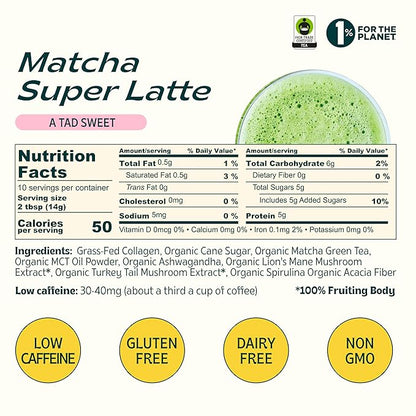 JIBBY Mushroom Matcha Super Latte - Ceremonial Grade Green Tea Organic Matcha Powder, Collagen, MCT Oil, Superfood Mushrooms, Matcha Latte Collagen Powder, Matcha Powder (A Tad Sweet, 10 Servings)