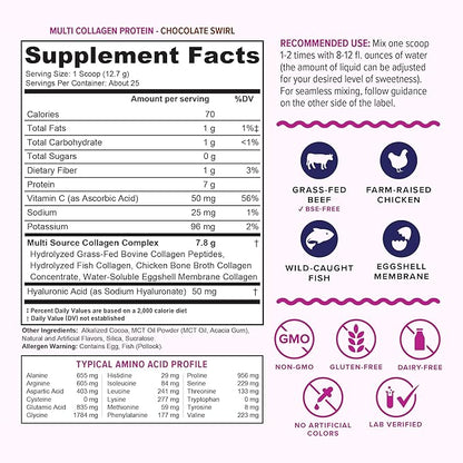 Multi Collagen Peptides Powder for Women and Men - Instant Dissolving Grass Fed Hydrolyzed Collagen Powder Drink Mix for Beautiful Hair Skin and Nails with Hyaluronic Acid and Vitamin C