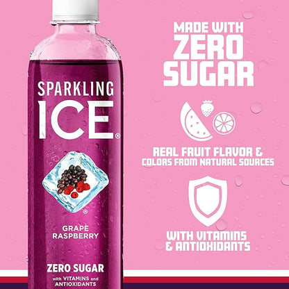 Sparkling Ice, Grape Raspberry Sparkling Water, Zero Sugar Flavored Water, with Vitamins and Antioxidants, Low Calorie Beverage, 17 fl oz Bottles (Pack of 12)