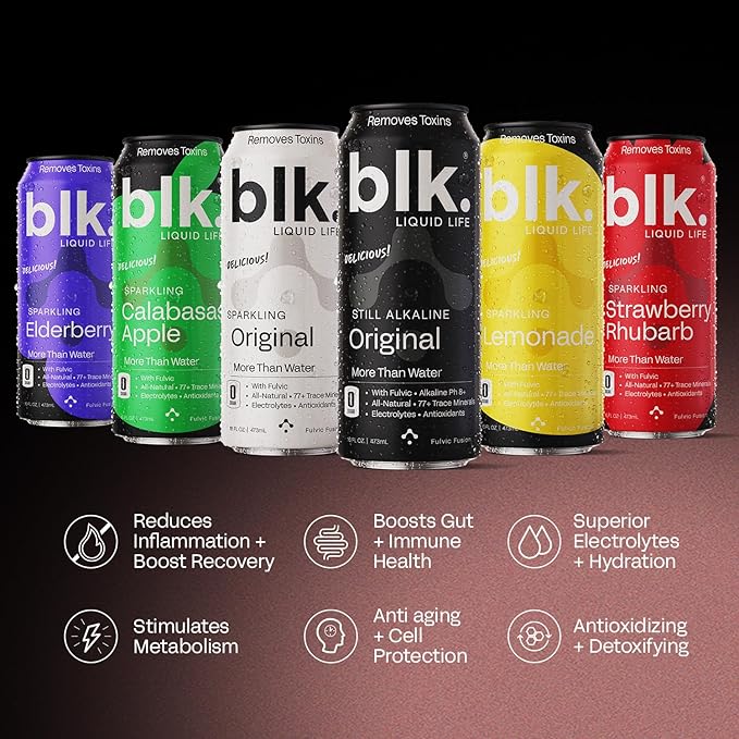 blk. PH 8+ Natural Alkaline Sparkling Water Mineral Electrolyte Infused with Fulvic and Amino Acids, Zero Sugar, Zero Calories Drink, 16 oz, 12 pack