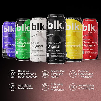 blk. PH 8+ Natural Alkaline Sparkling Water Mineral Electrolyte Infused with Fulvic and Amino Acids, Zero Sugar, Zero Calories Drink, 16 oz, 12 pack