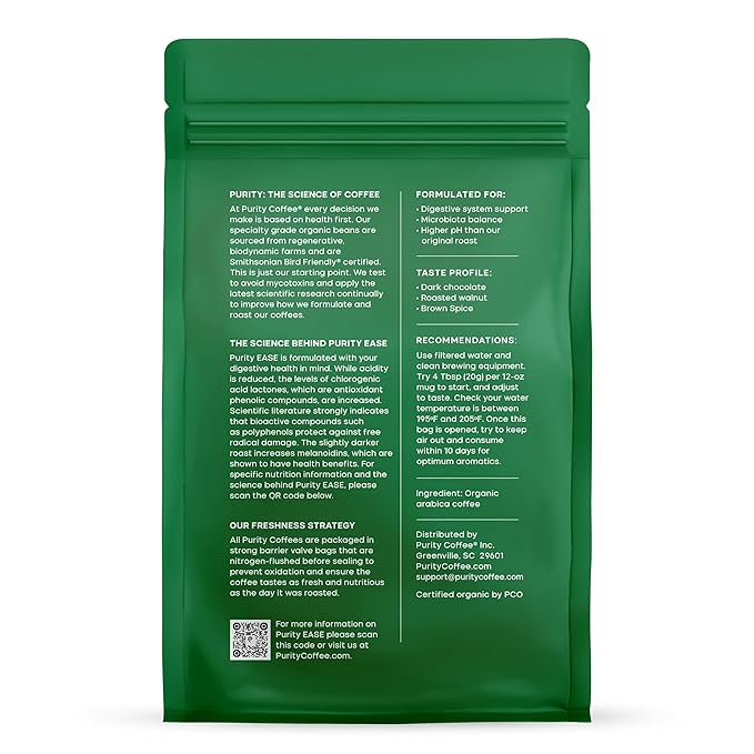 Purity Coffee EASE Dark Roast Ground Coffee for Low Acidity - USDA Organic and Third-Party Tested for Antioxidants, Mold, Mycotoxins and Pesticides - 12oz