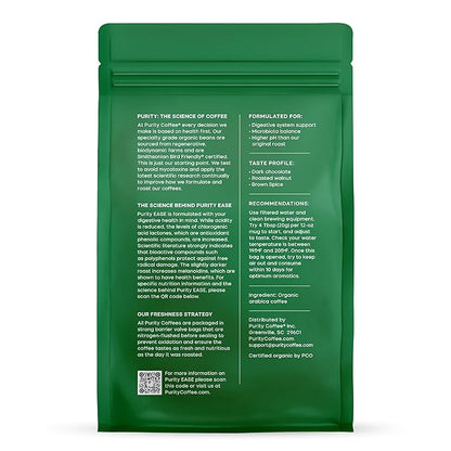 Purity Coffee EASE Dark Roast Ground Coffee for Low Acidity - USDA Organic and Third-Party Tested for Antioxidants, Mold, Mycotoxins and Pesticides - 12oz
