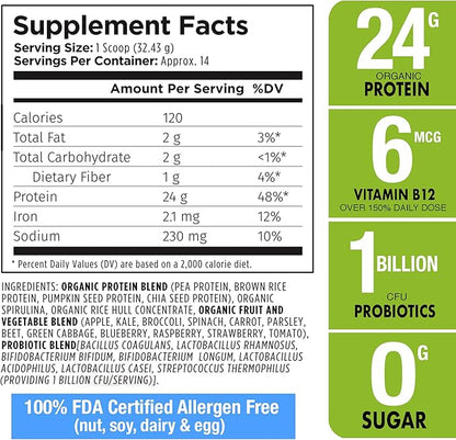 Plantvital Unflavored Organic Vegan Protein Powder 18 Superfoods, 16oz (Pack 2)