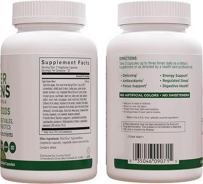 COUNTRY FARMS Super Greens Vegicaps, 32 Super Foods, Whole Food Supplement, Greens, Fruit, Vegetables, Mushrooms & Probiotics, Rich in Antioxidants & Phytonutrients, 60 Count, 30 Servings