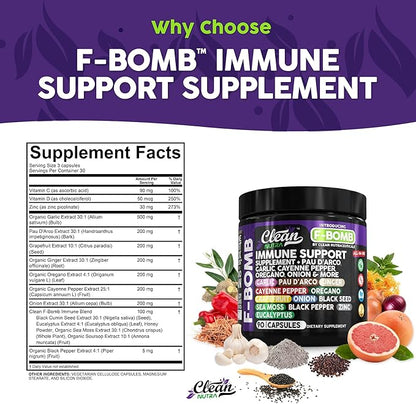 Organic Immune Support with PAU D'Arco Garlic Cayenne Pepper Oregano Ginger Grapefruit Onion Black Seed Sea Moss Black Pepper Zinc Eucalyptus Vitamin C Vitamin D Organic Soursop by Clean Nutra