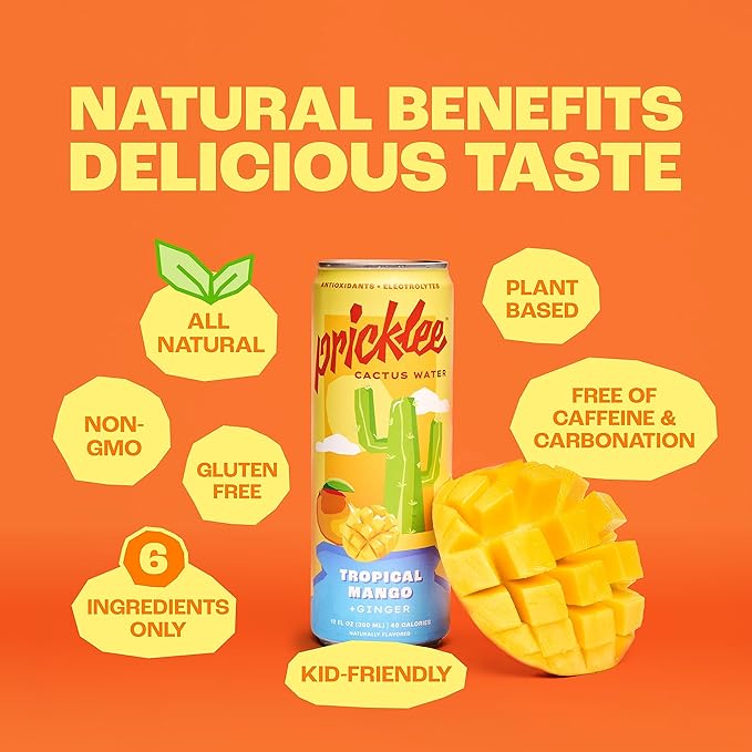Pricklee Tropical Mango Cactus Water - Packed With Antioxidants, Electrolytes, Vitamin C - Natural Sports Drink for Immunity, & Recovery - Non-Sparkling, Low-Sugar, Low-Calorie, No Caffeine