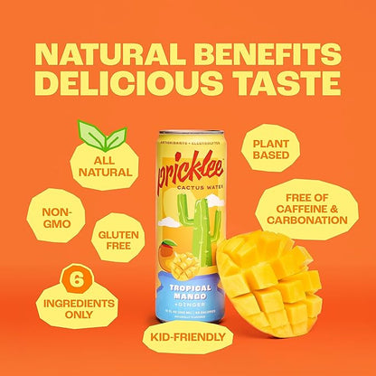 Pricklee Tropical Mango Cactus Water - Packed With Antioxidants, Electrolytes, Vitamin C - Natural Sports Drink for Immunity, & Recovery - Non-Sparkling, Low-Sugar, Low-Calorie, No Caffeine