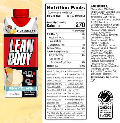 Lean Body Ready-to-Drink Pina Colada Protein 40g Protein, 0 Sugar, 22 Vitamins 17 Fl 12)