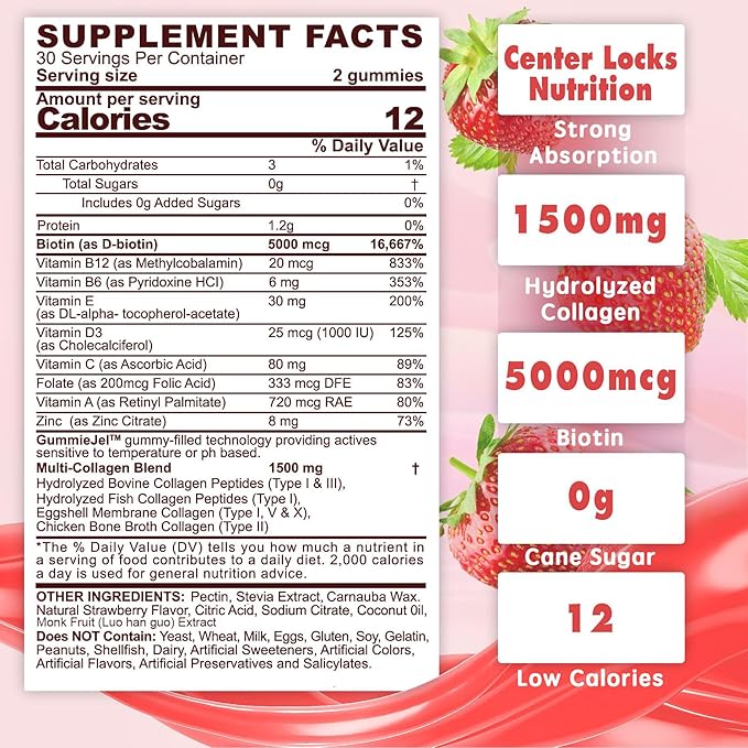 Sugar-Free Hydrolyzed Collagen Peptide Filled Gummies,Extra 1500mg Protein 5000mcg Biotin D3 B6 B6 B12 B12 for